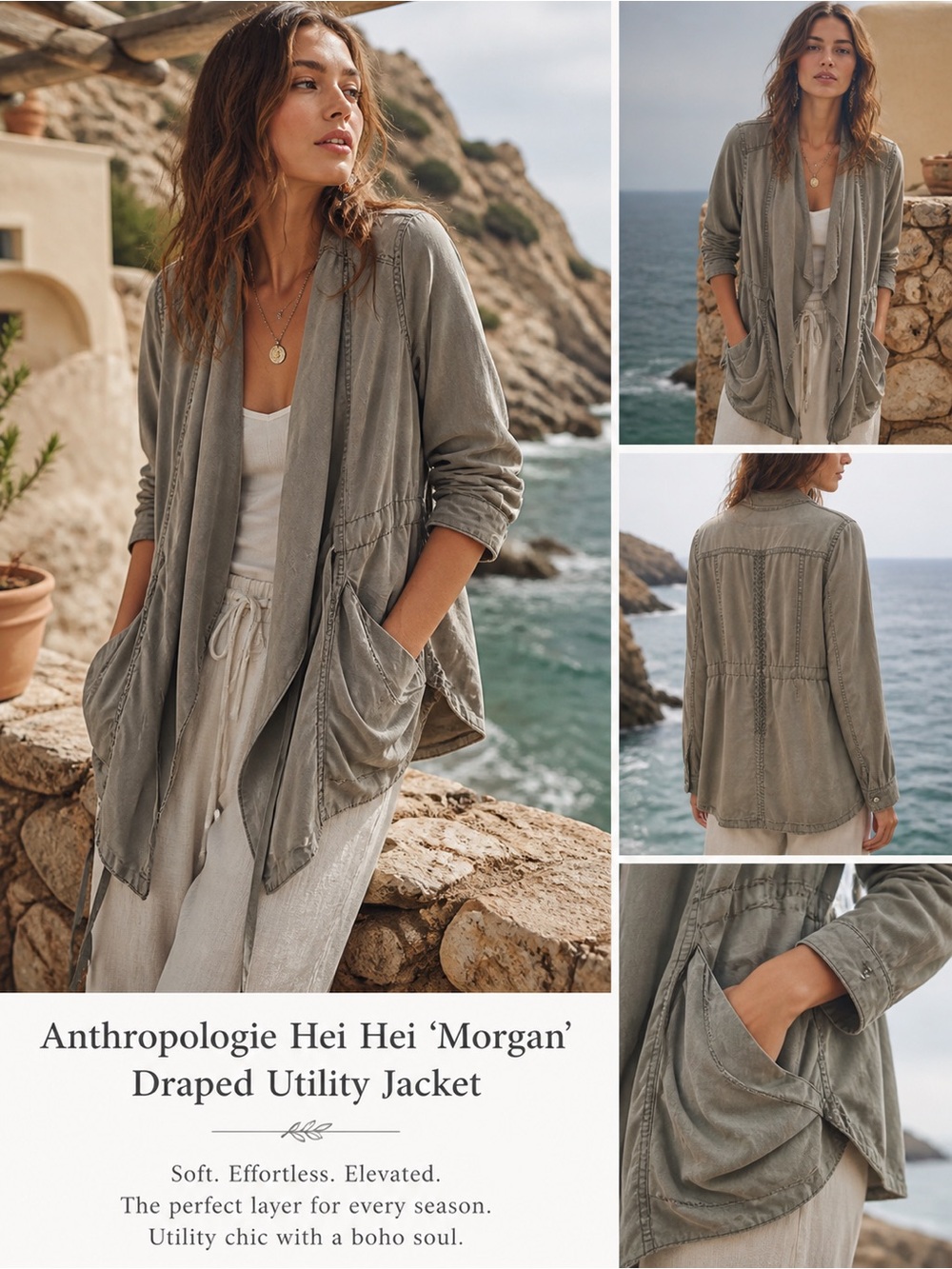 Anthropologie Hei Hei Morgan Draped Utility Jacket Medium Olive Beige Gray Boho